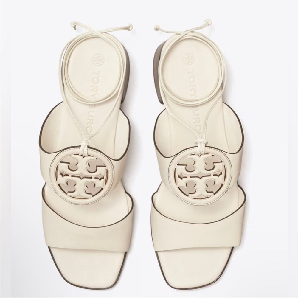 TORY BURCH White Lace Up Miller Leather Block Heel $425 Sandals Shoes Slides 7 - Picture 12 of 16